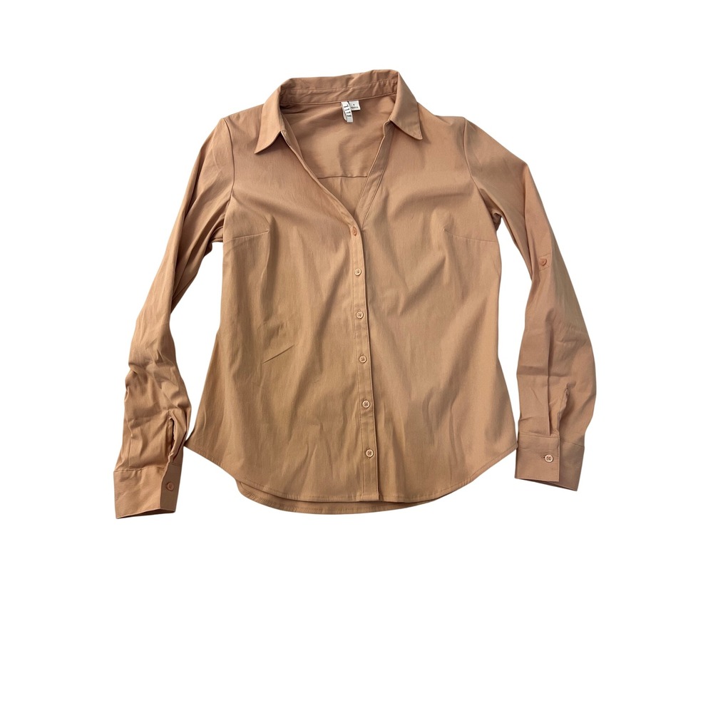 Elle Womens Tan V-Neck Roll-Tab Long Sleeve Button Down Shirt Small 190415322191